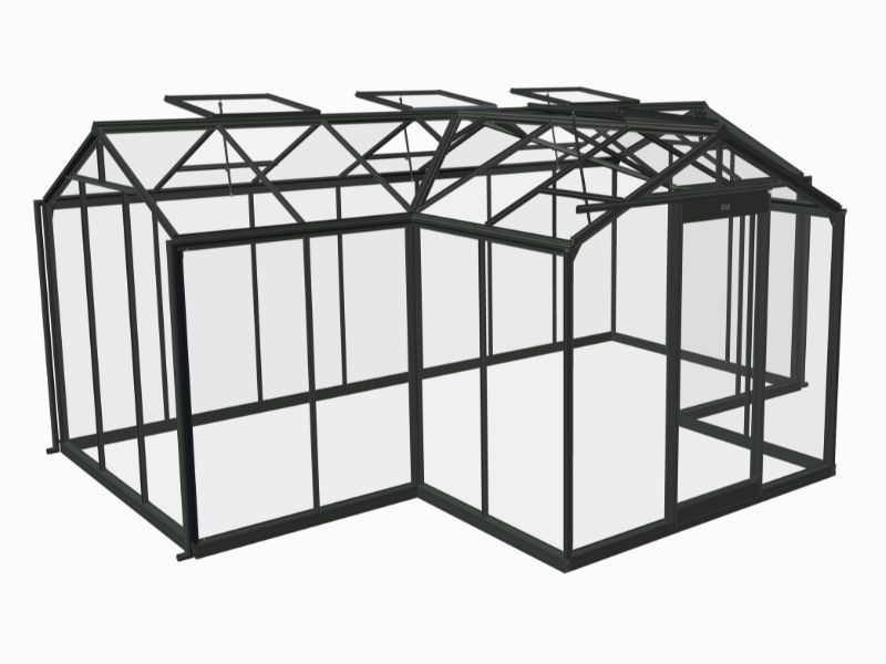 Oranjerie Babette — structura din aluminiu văzută izolat, cu trei ferestre de acoperiș pentru ventilație — ACD