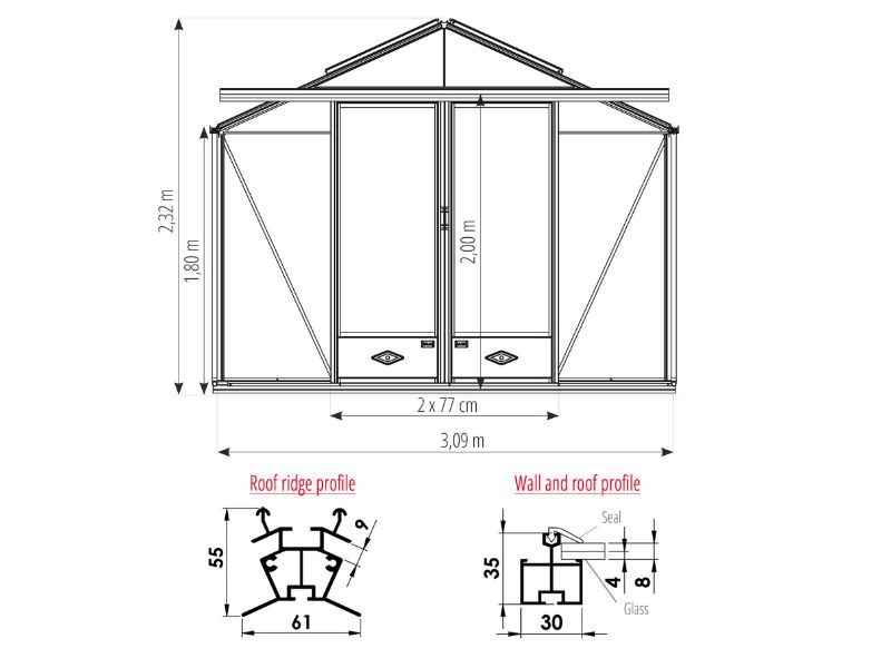 Luxia Lean-to — oranjerie adosată din aluminiu și sticlă securizată, LAMS