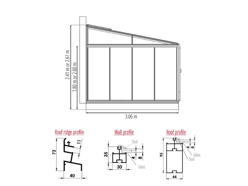 Luxia Lean-to — oranjerie adosată din aluminiu și sticlă securizată, LAMS