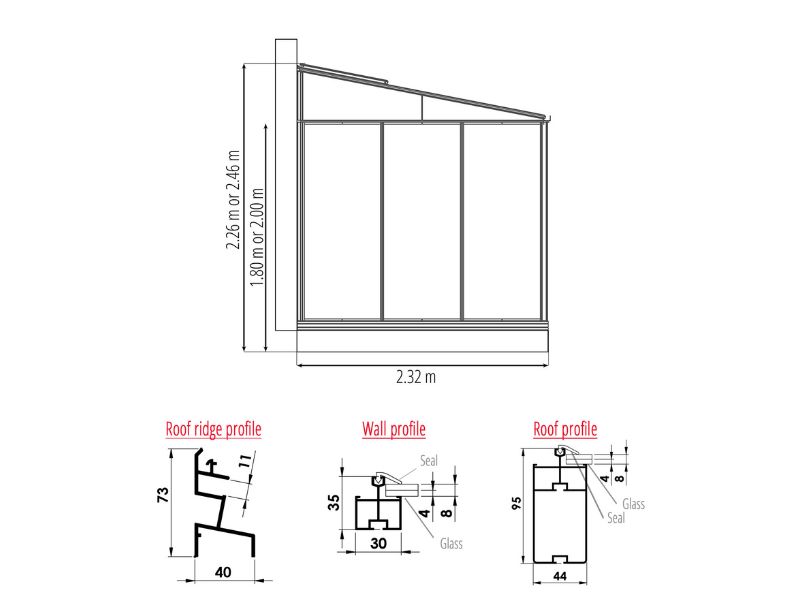 Luxia Lean-to — oranjerie adosată din aluminiu și sticlă securizată, LAMS