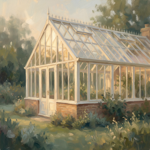 glass_gardens_sere_sticla Pictură a unei oranjerii victoriene albe cu soclu din cărămidă
