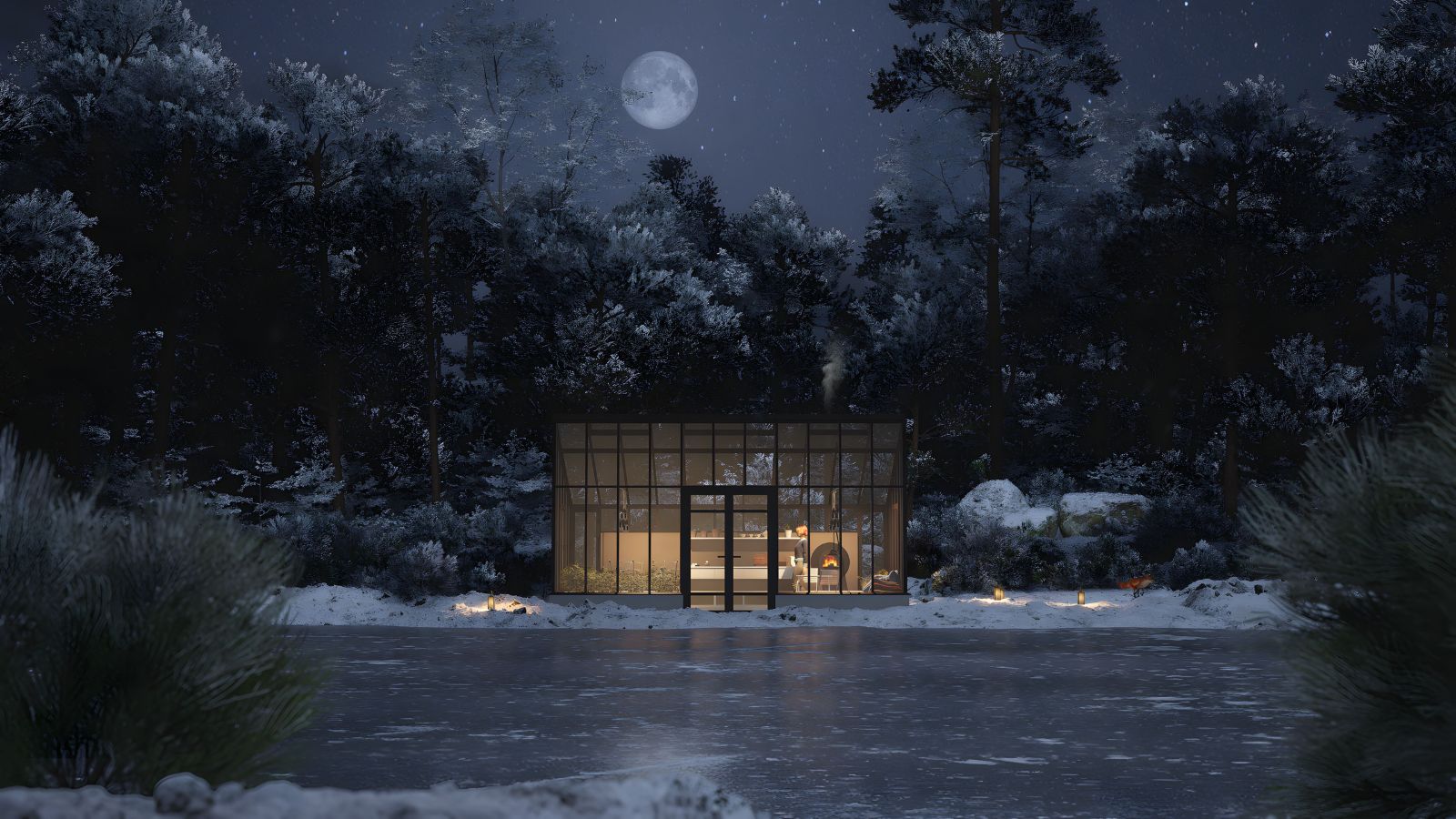 Glass gardens bespoke 11 Oranjerie luminată noaptea iarna, pe malul unui lac înghețat, sub lună plină