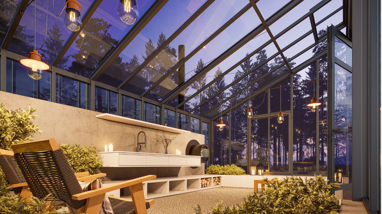 Glass gardens bespoke 12 Interiorul unei oranjerii minimaliste seara, cu șezlonguri și lămpi suspendate