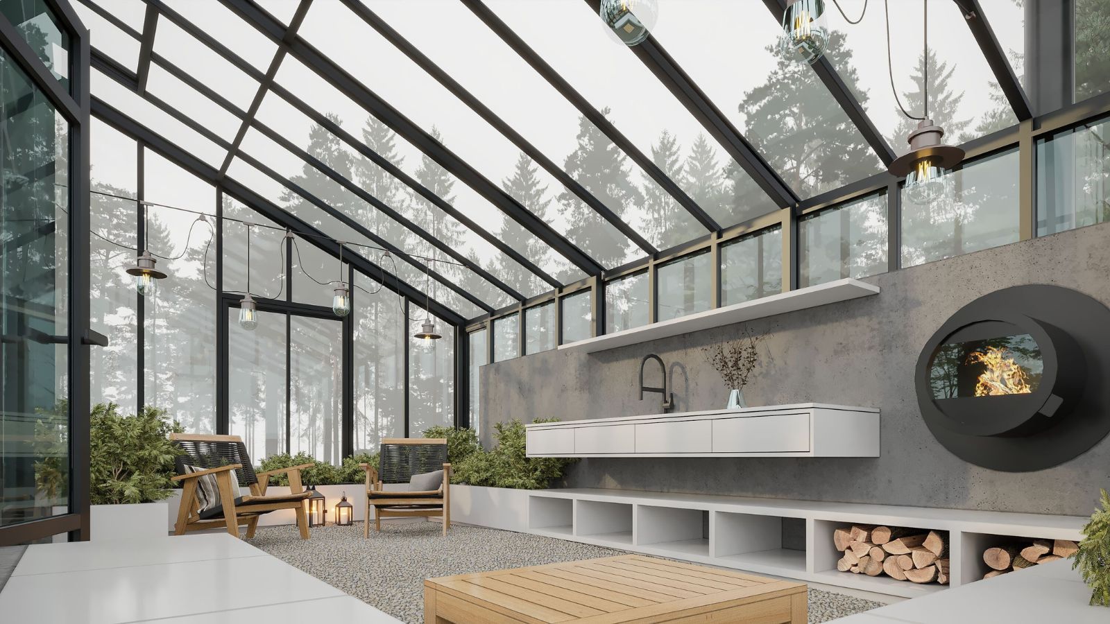 Glass gardens bespoke 13 Interior minimalist de oranjerie, cu șemineu rotund și blat de beton