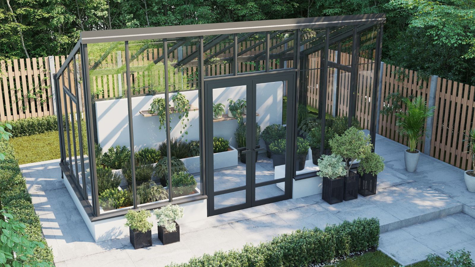 Glass gardens bespoke 15 Oranjerie modernă cu ramă neagră și ghivece, lângă un gard de lemn