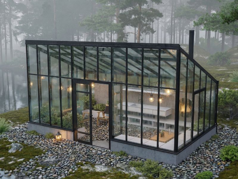 Oranjerie Sanctuary Max văzută din exterior în ceață, cu soclu de beton și prundiș în jur