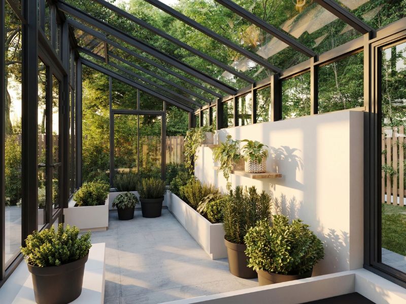 Interiorul oranjeriei Sanctuary Mini, cu jardiniere albe și plante de-a lungul peretelui vitrat
