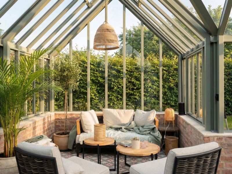 Interiorul oranjeriei Floribunda, cu ramă verde, canapea de răchită și jardinieră din cărămidă